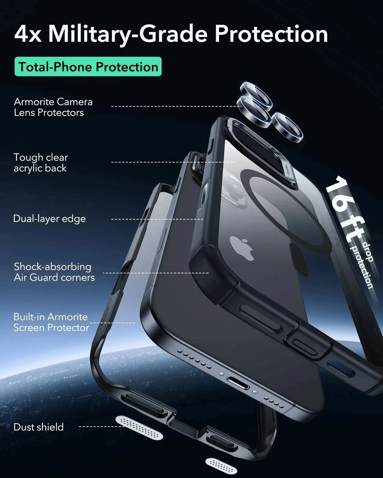 iPhone 16 Pro Armor Tough Magnetic Case (Camera Control, Stash Stand) - Clear Black ESR ESR