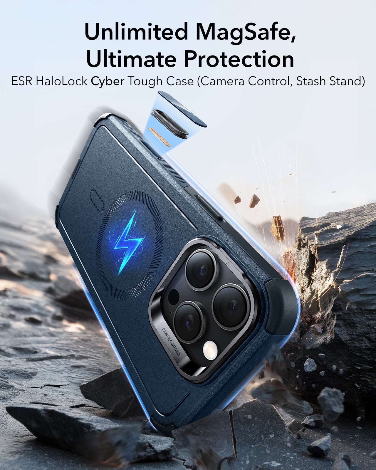 iPhone 16 Pro Cyber Tough Magnetic Case (Camera Control, Stash Stand) - Navy Blue ESR ESR